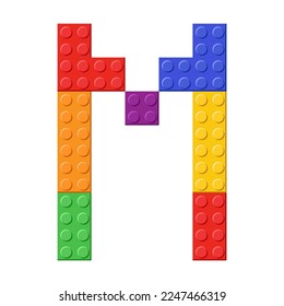 Colorful toy bricks of letter M cartoon illustration. Rainbow letter from blocks for children poster, games, banner or to compose word. ABC typography, font concept