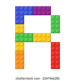 Colorful toy bricks of letter R cartoon illustration. Rainbow letter from blocks for children poster, games, banner or to compose word. ABC typography, font concept