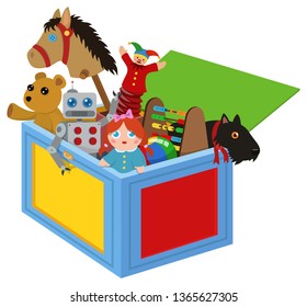 A colorful toy chest filled with traditional children's toys