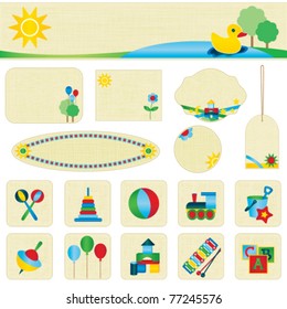 Colorful toy icons and banner set
