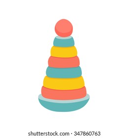 Colorful toy pyramid poster. Classic ring stacker with a fun design. Baby shower design element. Cartoon vector eps 10 illustration isolated on white background.