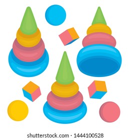 Colorful toy pyramids, balls and cubes.  Toys for babies and toddlers. Cartoon style isometric vector illustrations. Part of set.