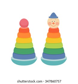 Colorful toy pyramids with clown heads in blue funny hat. Cute toy clowns smiling.Classic ring stacker with a fun design. Cartoon vector eps 10 illustration isolated on white background.