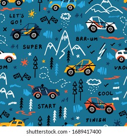Colorful Toy Racing Cars. Vector Seamless Pattern with Doodle Buggy Car and Highlands. Cartoon Transportation Blue Background for Kids