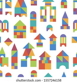 Colorful toy seamless pattern. Wooden blocks. Game for kids. Castles, towers, houses. Childish flat style collection isolated on white background. Construction, model. Many details, pieces.