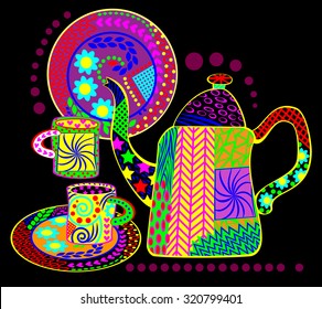 Colorful toy tea set, vector cartoon image.