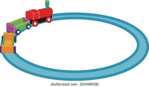 Colorful toy train and light blue railroad tracks
