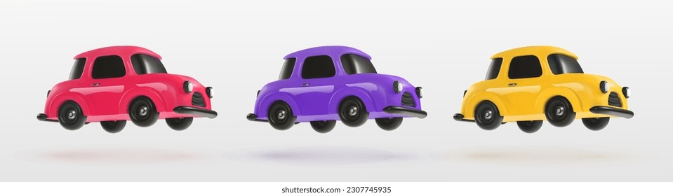 Colorful toy vehicle cars on light background. Collection of red, purple, yellow color mini model cars. 3d vector design elements 
