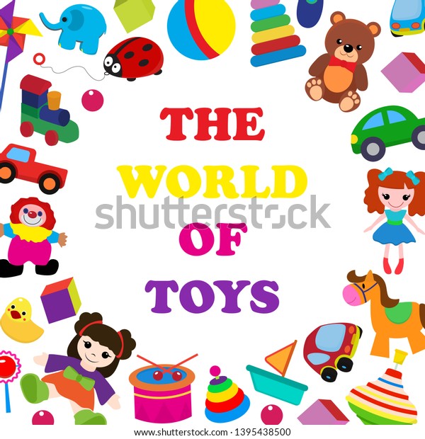 Colorful toys\
in cartoon style for kids banner vector illustration. Childish\
design with doll, duck, elephant, boat, ball, horse, clown, truck,\
train for textile, fabric, wrapping\
paper.