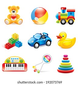 Colorful toys icons detailed photo-realistic vector set