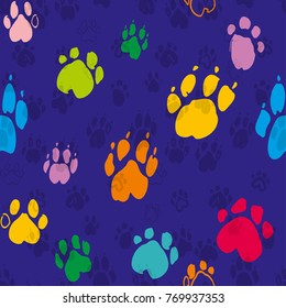 Colorful traces of dog paws. Bright seamless pattern.