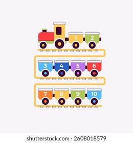 Colorful tractor with trailers. Educational game with numbers for children. Vector illustration. Bright colors. Cute toy for kids. Flat design. Simple shapes. Study of counting, arithmetic, math.