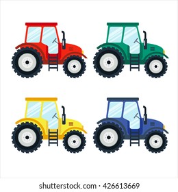 Colorful tractors on white background. Tractors in flat style. Agricultural tractor. Agricultural vehicle and farm machine. Tractor illustration-business concept. Agriculture machinery.