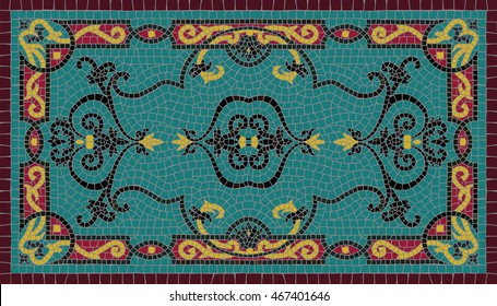 Colorful traditional art mosaic rug. Carpet border frame pattern. Each element is isolated and edited. Mosaic template of carpet. Vector 10 EPS illustration. 