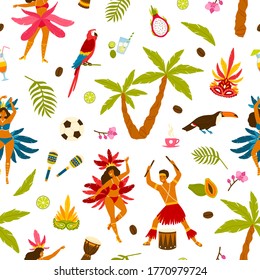 Colorful traditional Brazilian attributes seamless pattern. Man and woman in national carnival costumes dancing samba, festive masks, palm tree, coffee, football decorated with design elements
