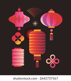 Colorful traditional Chinese lanterns and cultural symbols in a modern graphic style on a black background. Concept of celebration and festivity. Vector illustration