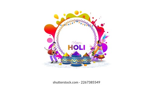 Colorful Traditional color splash background of Holi Festival. Happy Holi text with fun Party dance and floral Template design. Vector illustration