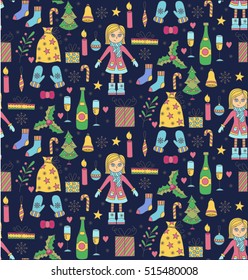 Colorful traditional cute christmas doodles new year  symbols seamless vector pattern girly 