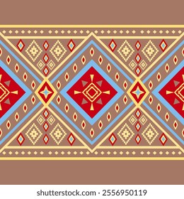 Colorful Traditional Ethnic Mocha Mousse Background With Chevron Ornament Yellow Red blue Embroidery. Detailed Diamond Shape and Florals deco for carpet, border, seamless pattern, navajo, wallpaper. 