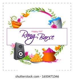 Colorful Traditional Holi background for festival of India with Hindi text Rang Barse meaning raining colors in vector