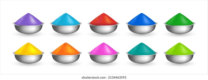 Colorful traditional Holi powder in bowls isolated on white. Set of Gulal in diffrent colors for Holi festival, Hindu tradition festive. Vector illustration