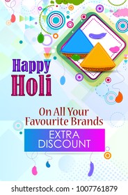 Colorful Traditional Holi Shopping Discount Offer Advertisement  background for festival of colors of India in vector