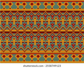 Colorful Traditional Knitted Pattern Background with Geometric Motifs, Seamless Ethnic Knitting Fabric Design