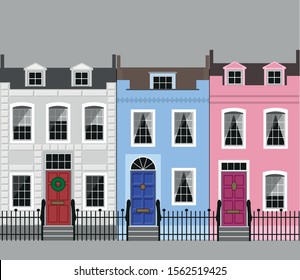 Colorful Traditional London House Facades. Vector Illustration.