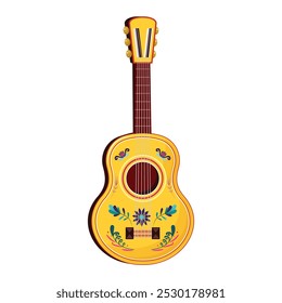 Colorful traditional Mexican guitar with festive decorations for Dia de los Muertos celebration