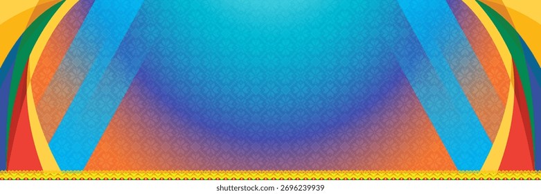 Colorful traditional patterned background inspired by Asian or ethnic textile art. The design features a gradient blend of orange and blue