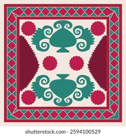 Colorful traditional Suzani patterns inspired by folk art. Graceful floral motifs with elements of hand embroidery in vibrant hues. Elegant design for textiles and home decor