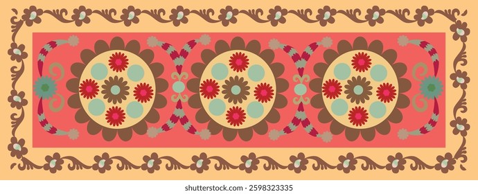 Colorful traditional Suzani patterns inspired by folk art. Graceful floral motifs with elements of hand embroidery in vibrant hues. Elegant design for textiles and home decor