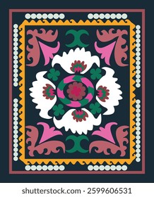 Colorful traditional Suzani patterns inspired by folk art. Graceful floral motifs with elements of hand embroidery in vibrant hues. Elegant design for textiles and home decor