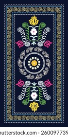 Colorful traditional Suzani patterns inspired by folk art. Graceful floral motifs with elements of hand embroidery in vibrant hues. Elegant design for textiles and home decor