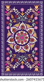 Colorful traditional Suzani patterns inspired by folk art. Graceful floral motifs with elements of hand embroidery in vibrant hues. Elegant design for textiles and home decor
