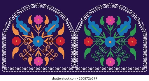 Colorful traditional Suzani patterns inspired by folk art. Graceful floral motifs with elements of hand embroidery in vibrant hues. Elegant design for textiles and home decor