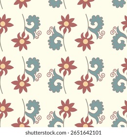 Padrões tradicionais coloridos de Suzani inspirados na arte popular. Motivos florais graciosos com elementos de bordados à mão em tons vibrantes. Design elegante para têxteis e decoração de casa