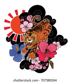 colorful traditional tattoo style Tiger face with cherry blossom and hibiscus flower on could and red rising sun background.Chinese Tiger roaring tattoo.Traditional Japanese culture for printing