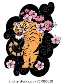 colorful traditional tattoo style Tiger face with cherry blossom and hibiscus flower on could and red rising sun background.Chinese Tiger roaring tattoo.Traditional Japanese culture for printing