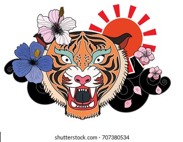 colorful traditional tattoo style Tiger face with cherry blossom and hibiscus flower on could and red rising sun background.Chinese Tiger roaring tattoo.Traditional Japanese culture for printing