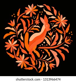 Colorful Traditional Textile Embroidery Style from Tenango, Hidalgo; México - Otomi Circular composition - Vector