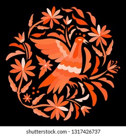 Colorful Traditional Textile Embroidery Style from Tenango, Hidalgo; México - Otomi Circular composition - Vector