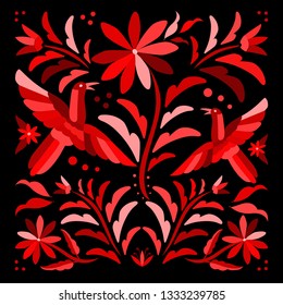 Colorful Traditional Textile Embroidery Style from Tenango, Hidalgo; México - Otomi Composition