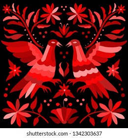 Colorful Traditional Textile Embroidery Style from Tenango, Hidalgo; México - Otomi Composition