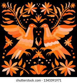 Colorful Traditional Textile Embroidery Style from Tenango, Hidalgo; México - Otomi Composition