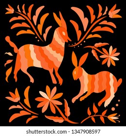 Colorful Traditional Textile Embroidery Style from Tenango, Hidalgo; México - Otomi Composition