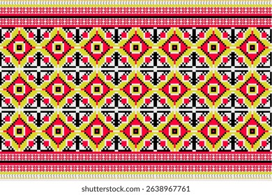 Colorful traditional Thai textile pattern featuring symmetrical geometric shapes in red, yellow, black, and white. This ethnic fabric design is inspired by native Thai or Lao 