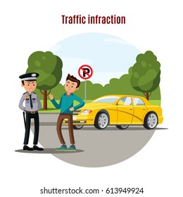 Colorful traffic violation concept with talking policeman driver and yellow car in no parking area vector illustration