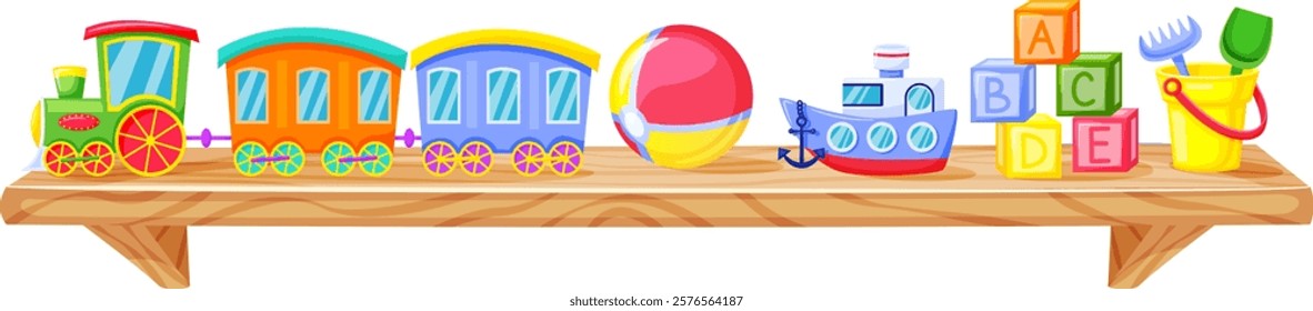 Colorful train, a beach ball, a toy boat, letter cubes and a bucket with a rake and shovel are resting on a wooden shelf, waiting for kids to play with them