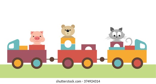 Colorful  train of children. Carries transport toys, gift, wooden pyramids, and kindly, funny, pretty animals. There are pig, piggy, teddy-bear, bear, kitten, cat in railway carriage